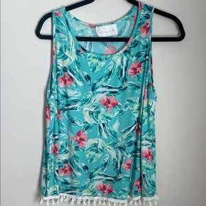Pappagallo Tropical Floral Tank Top with Tassel Hem